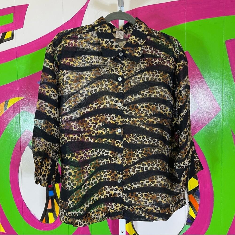 Choices, Zebra Leopard Print Button Down Thicker Sheer Shirt. Size XL